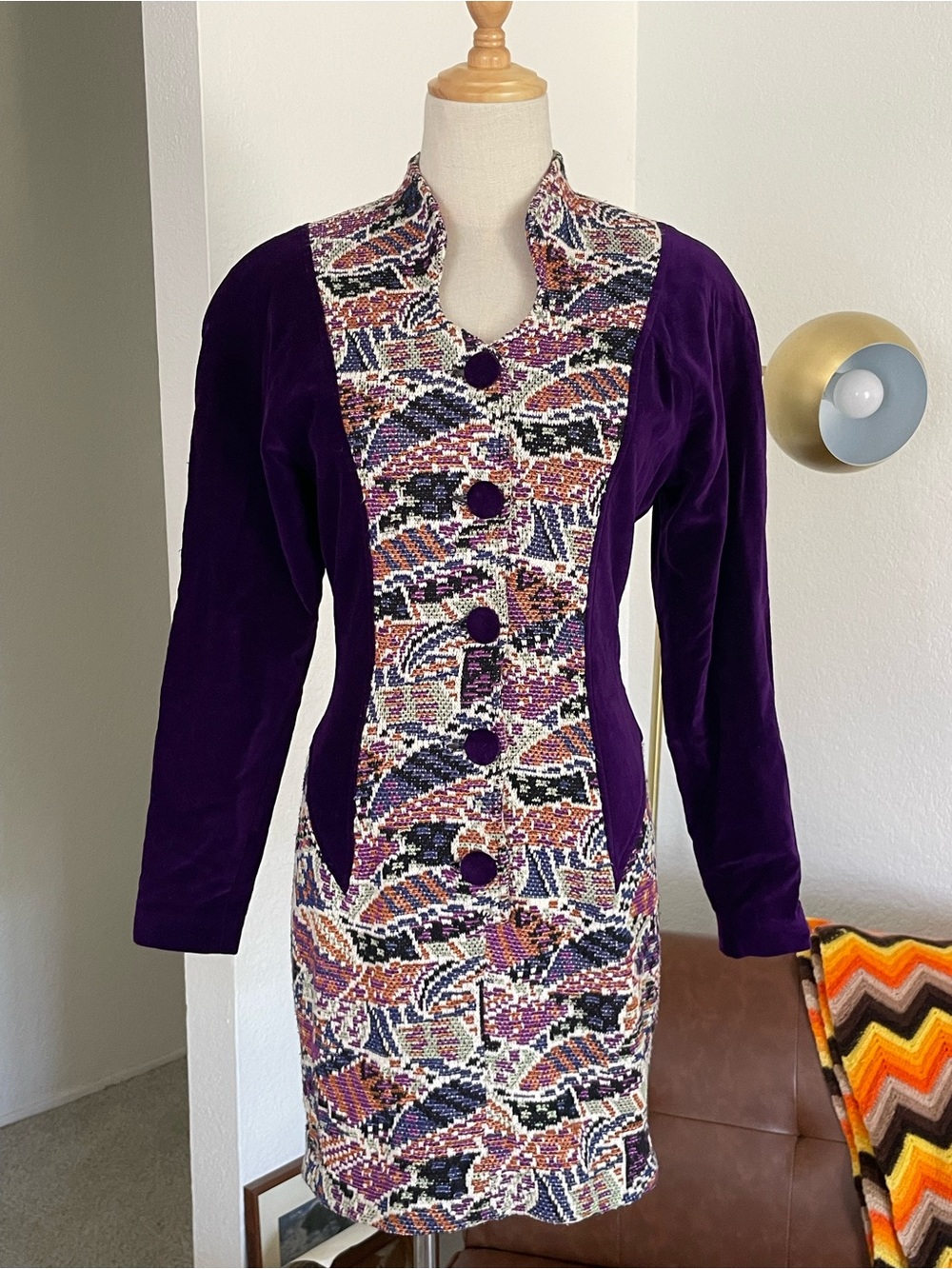 Vintage 1970s 1980s Anju Glam Mod Office Velvet Buttoned Mini Dress